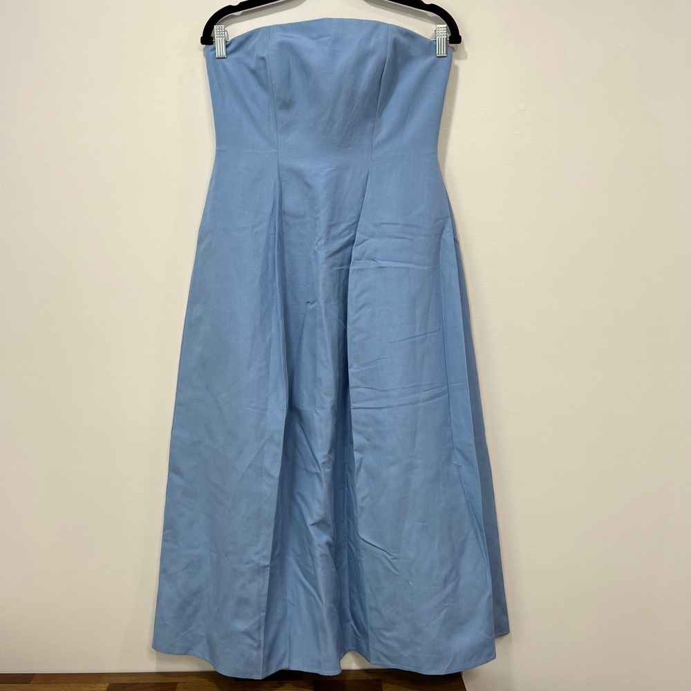 Lafayette 148 Womens Blue Strapless Dress 4 A Line Midi Silk Linen Event Pleated